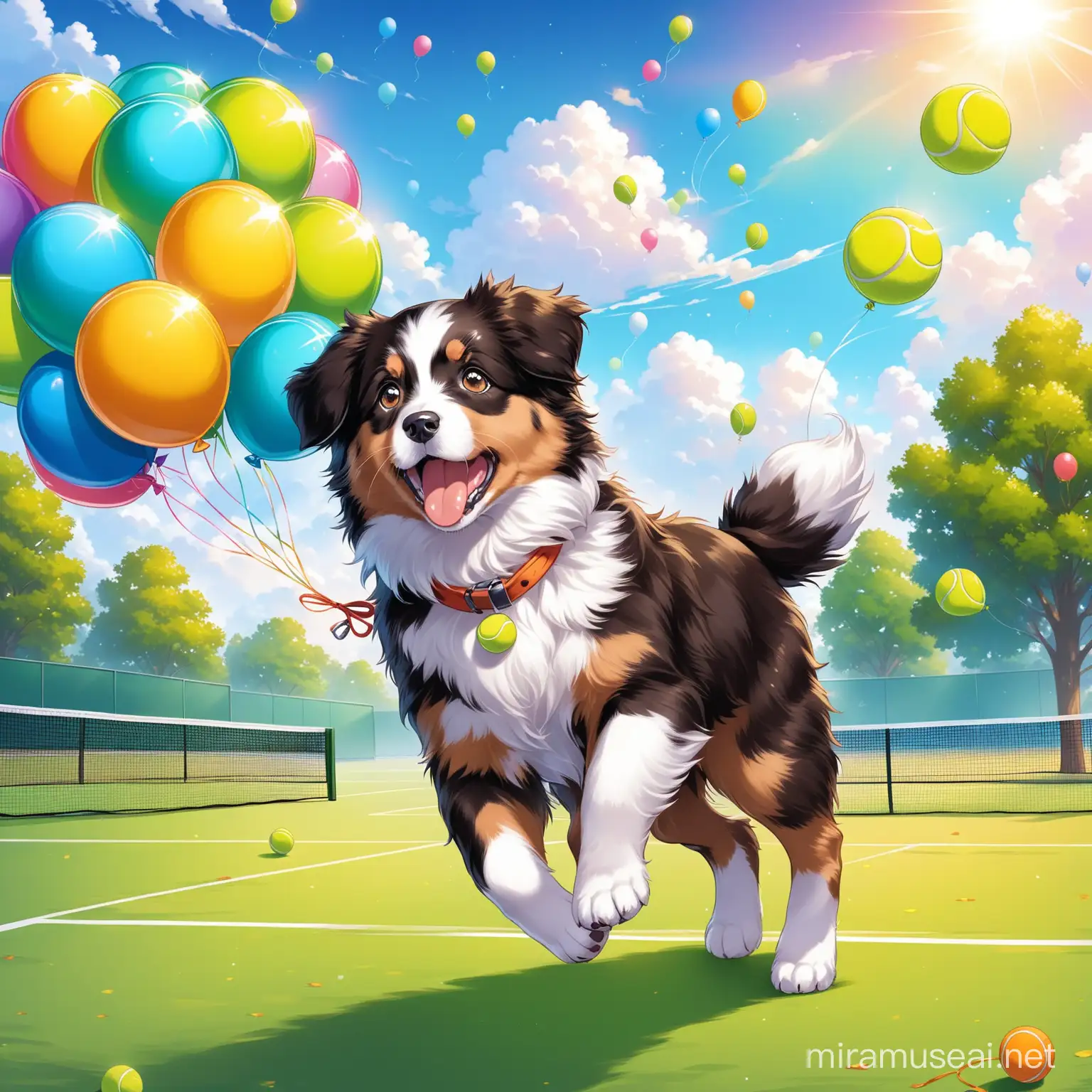 Energetic Australian Shepherd Puppy Playing with Tennis Ball in Park under Cloudy Sky with Balloons