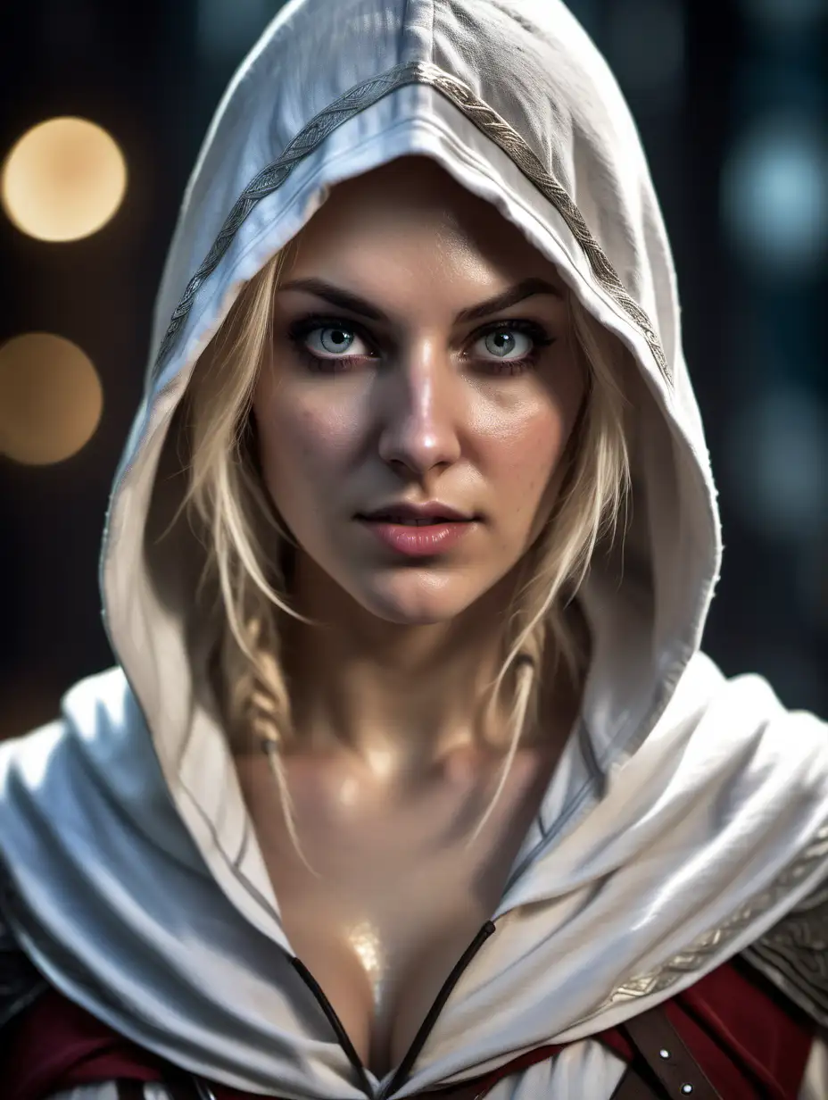 Beautiful Nordic woman, very attractive face, detailed eyes, big breasts, slim body, dark eye shadow, messy blonde hair, dressed as an extremely feminine version of Ezio from Assassin's Creed, hood up, close up, bokeh background, soft light on face, rim lighting, facing away from camera, looking back over her shoulder, photorealistic, very high detail, extra wide photo, full body photo, aerial photo