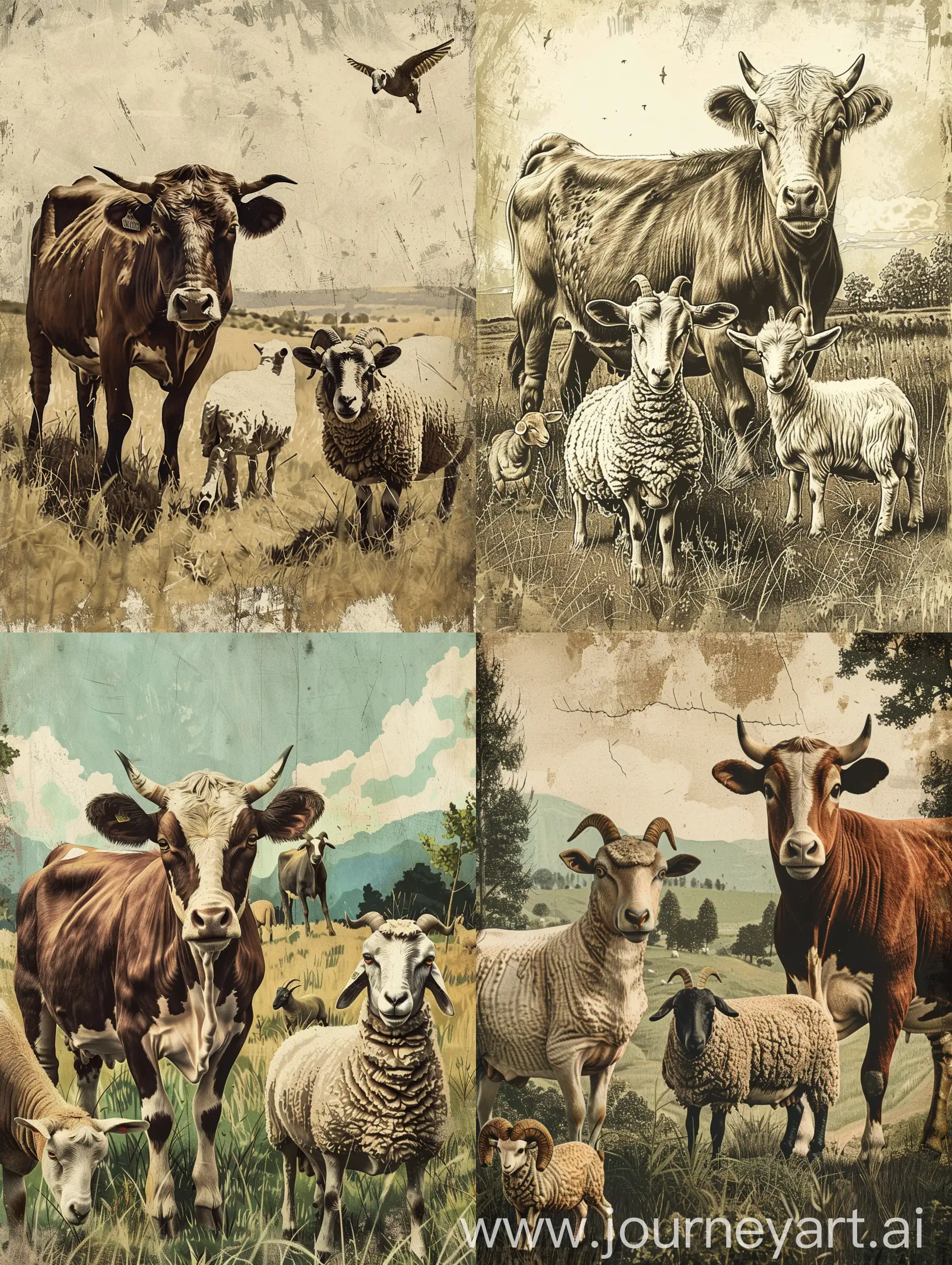 a cow a sheep and a goat in a field in old illustration style ,highquality , highly detail , CS 1:1