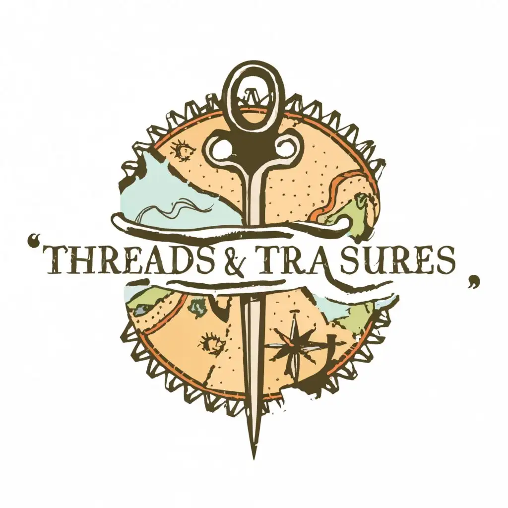 logo, stylized combination of a needle and a treasure map, with the text "Threads & Treasures", typography