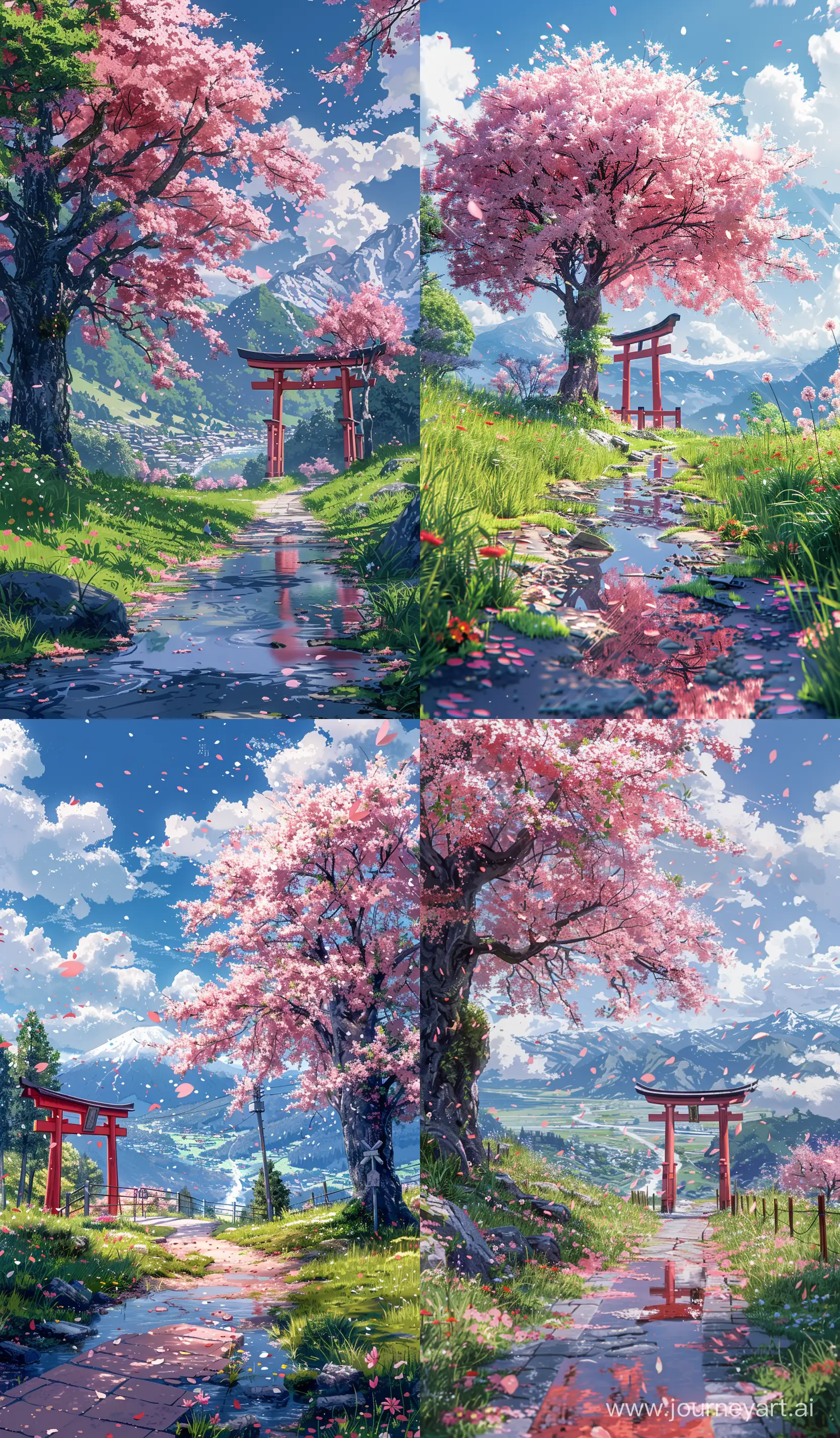 Tranquil-Morning-Stroll-Through-Anime-Countryside-with-Cherry-Blossom-Tree-and-Torii-Gate