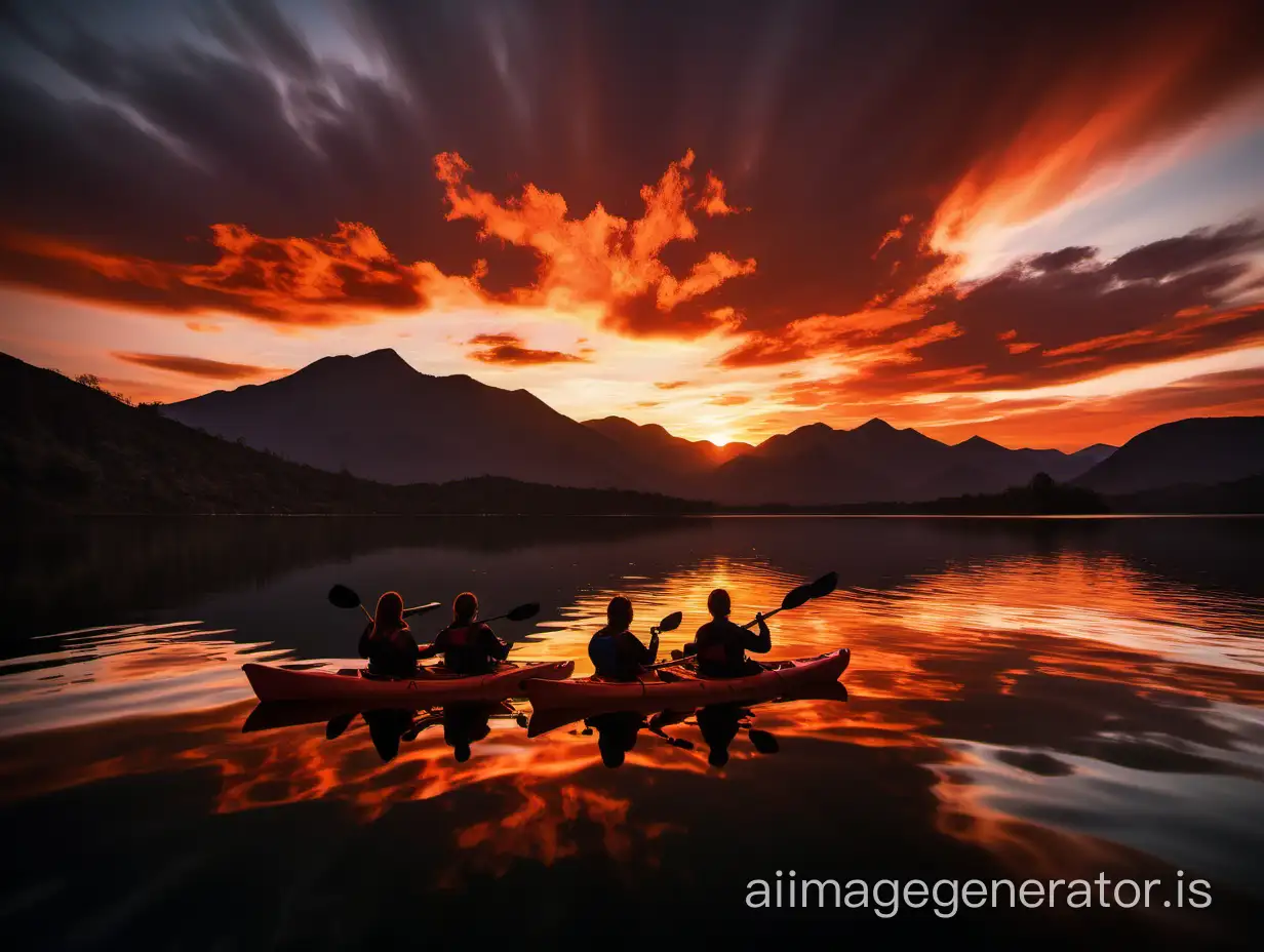 •A group of friends kayaking on a calm lake at sunset, silhouetted against the fiery sky, with mountains reflected in the water.