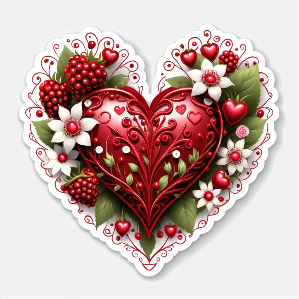Enchanting Valentines Day Heart with Intricate Berry Red Design and Flowers Vector Sticker on White Background