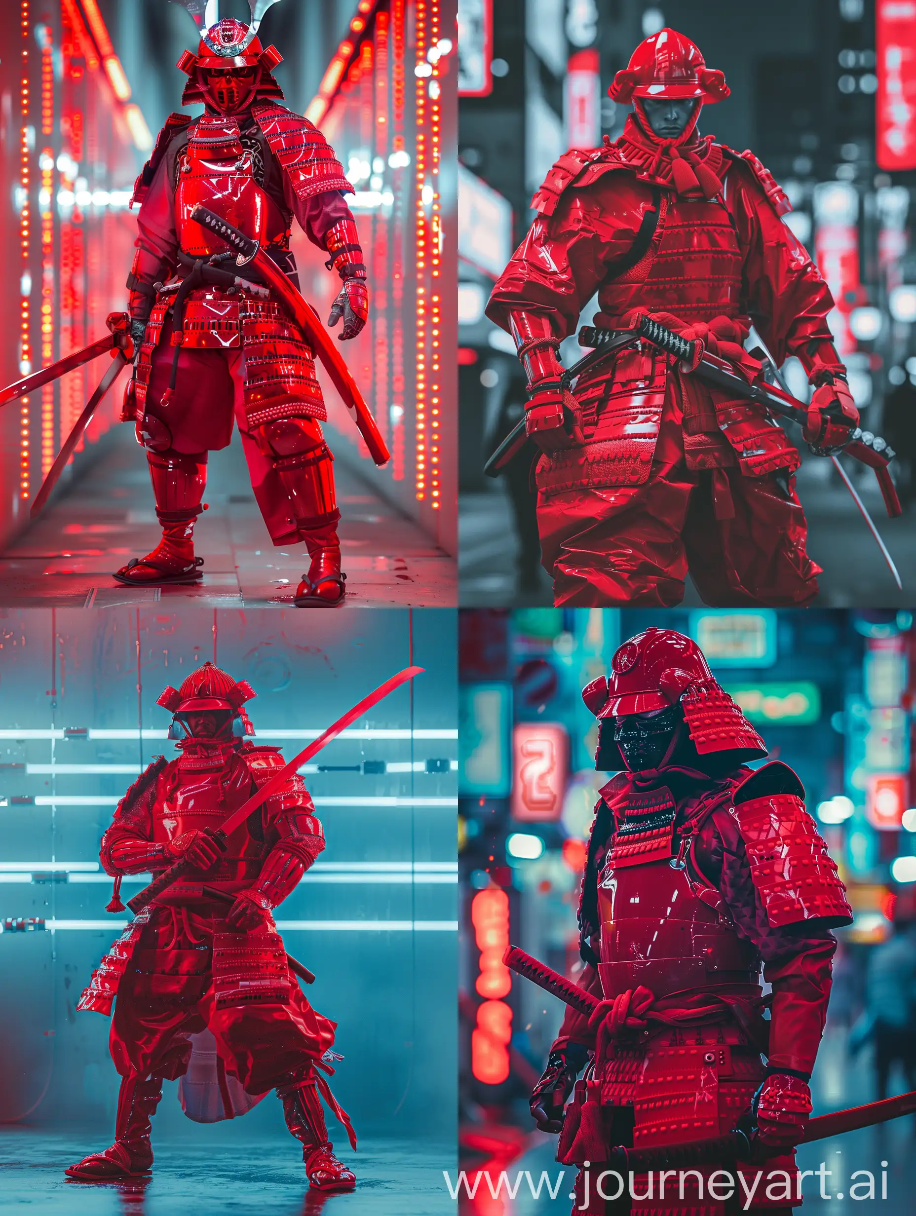 In an urban setting bathed in fluorescent lights, behold the striking figure of an Urban Samurai. Donning a red armor inspired by samurais, this warrior epitomizes a synthesis of the ancient and the future. His attire, a fusion of samurai tradition and Japanese techwear, captivates with its unique elegance. The vibrant hues of red in his armor, reminiscent of traditional samurai garb, stand out against the solid backdrop. Wielding a samurai sword with skill, he traverses the urban landscape with impressive grace, his movements reflecting a harmony between past and present. As he navigates the neon-lit streets, he exudes an aura of strength and confidence, embodying the spirit of a contemporary Urban Samurai.