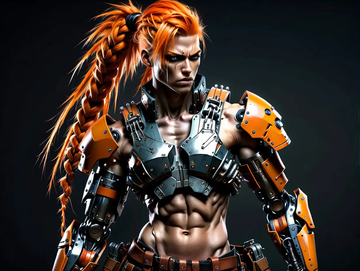An androgynous male, very muscular, angry cyberpunk mercenary with one large robotic arm, the body is masculine male model, their body is thick, they have orange hair and a long braid, the body is masculine, wearing oxygen body armor, he is wearing leather bandolier, his stomach is covered by metal armor