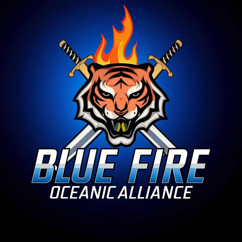 logo, Tiger head, swords behind the head, burning fire with blue behind them, with the text "Blue Fire Oceanic Alliance", typography, be used in Internet industry