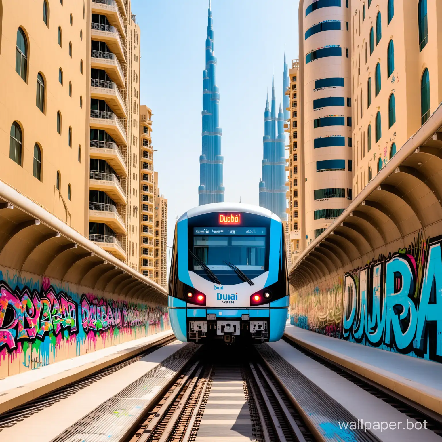 Create a  New York  style Urban Picture of Dubai with the Dubai  metro  covered  in cool graffiti  though the city of Dubai. give it a urban feel, make dubai look similar to New York