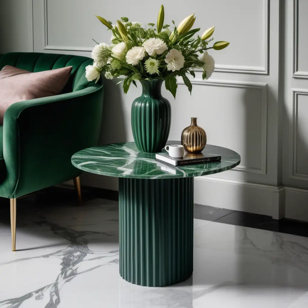 A product photography picture of a green side table with fluted base with a marble pattern table top in the centre of a contemporary living room with a vase of flowers on top of it.