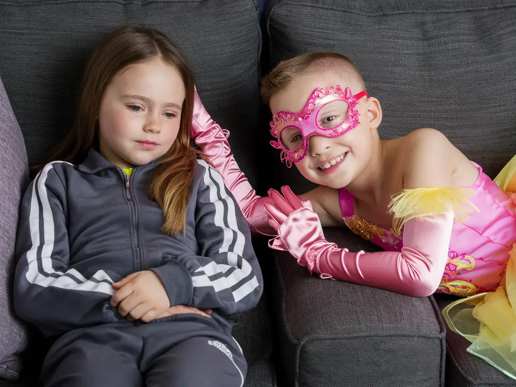 ((Gender role-reversal)), colourful Photograph, a 9-year-old girl with long hair and her brother, a cute thin little 7-year-old boy with short blonde hair shaved on the sides and beautiful blue eyes, the girl is feeling sad today and is sitting in a grey tracksuit and she is resting on a sofa, the boy is lying on the other side of the sofa, the boy cheering his sister up because he is wearing a bright fairy princess dress with long silky gloves and a pink frilly masquerade eye mask, cute smiles, adorable, perfect faces, perfect faces, clear faces, perfect eyes, clear eyes, perfect noses, smooth skin, photograph style