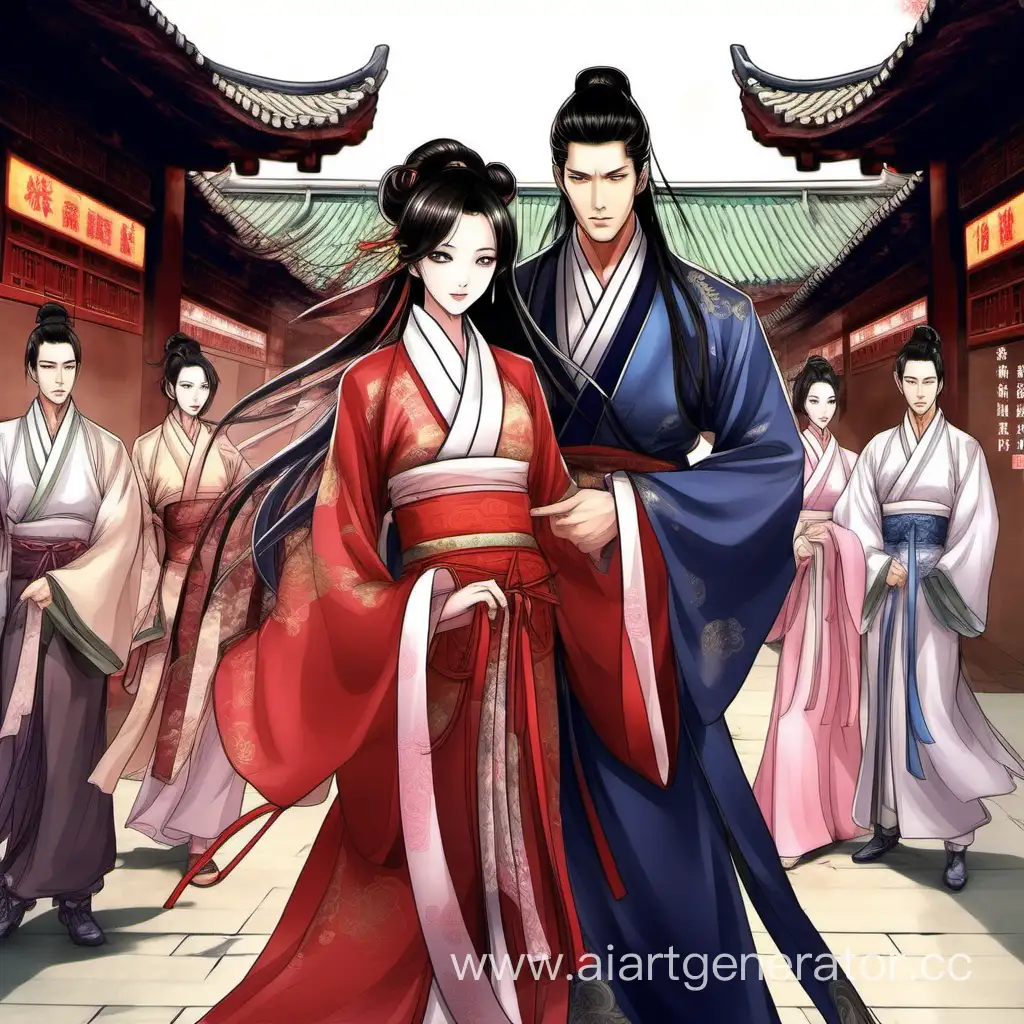 китайский роман обложка драма декольте нижнее бельё длинные волосы переодетая мужчиной женщина китайская одежда длинная с рукавами на фоне вдали несколько мужчин