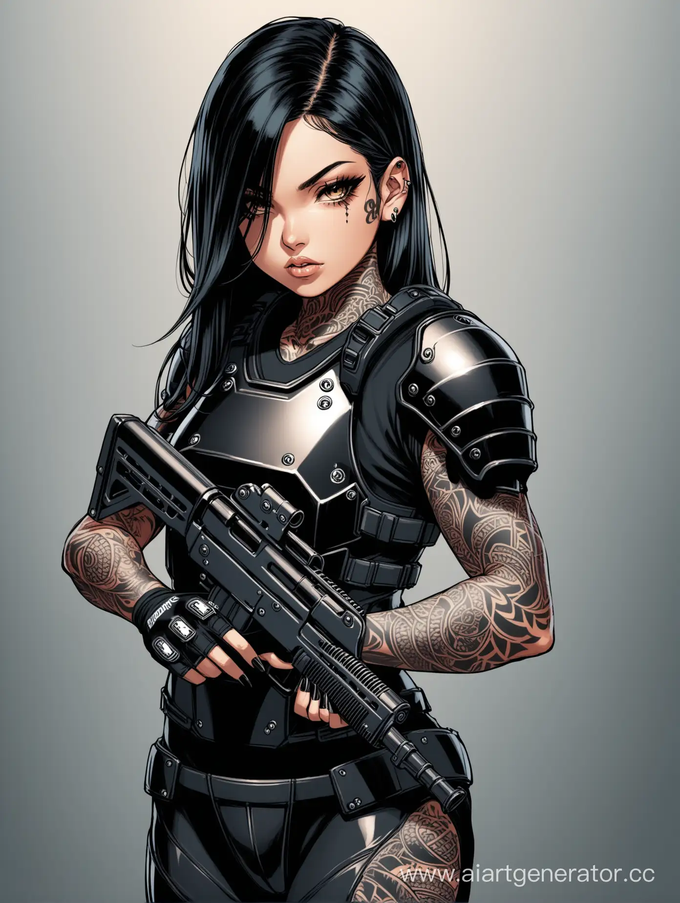 Девушка ганстер с черными длинными волосами, в узкой футболке с бронеразгрузкой, с татуировками на руках и шее, с оружием в руках
