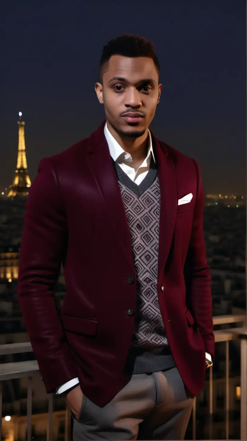 Stylish Man in Maroon African Print Blazer Overlooking Nighttime Paris from Penthouse Balcony