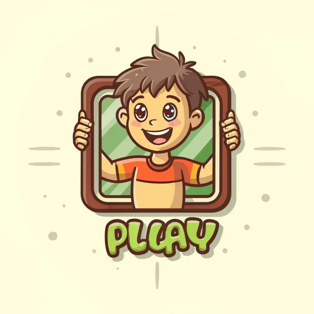 logo, A smiling child holding an Instagram style photo frame, funny cartoon 3D style, green and cream colors, play button, with the text "play", typography