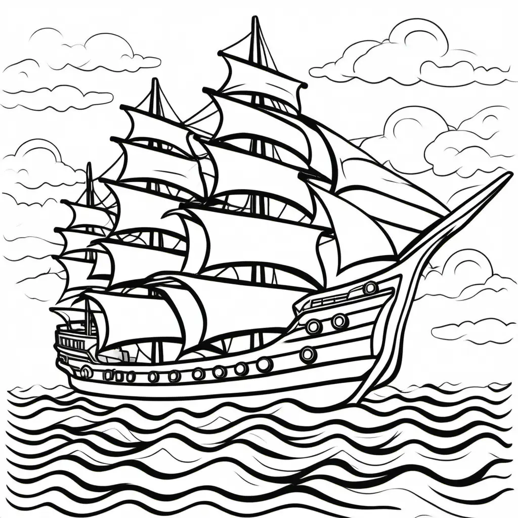 coloring book for kids, ship,  transparent background