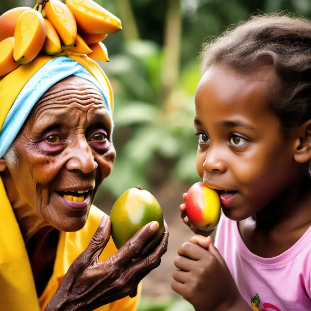A brown skinned elderly lady with head wrapped watching a bright eyed little Jamaican brown skinned girl eating a juicy mango