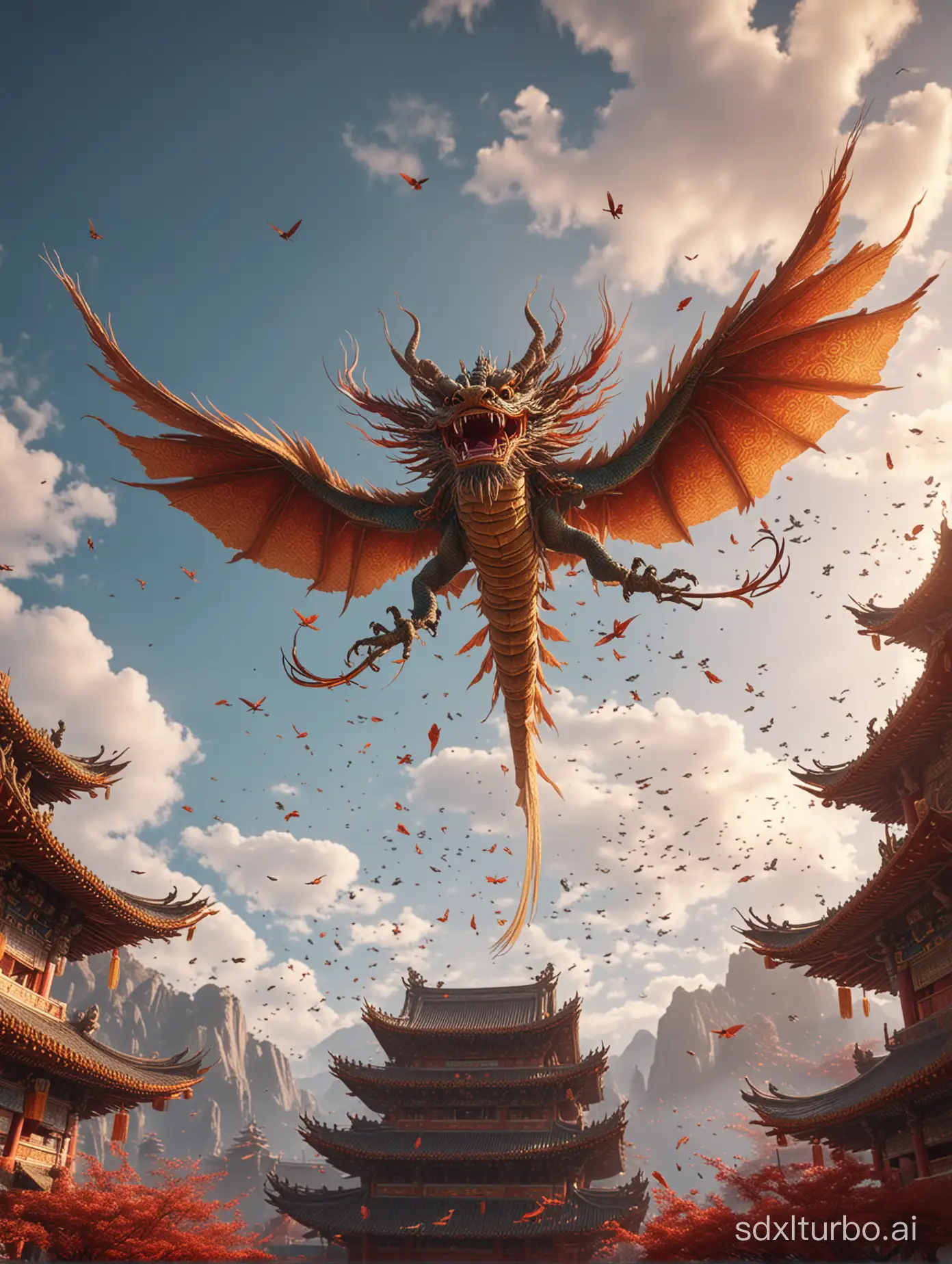 A cyderpunk style traditional Chinese dragon flies in the sky. Cinematic lighting, intricate details, colorful world of temple backgrounds, rich colors. Best quality, HDR, Unreal Engine.