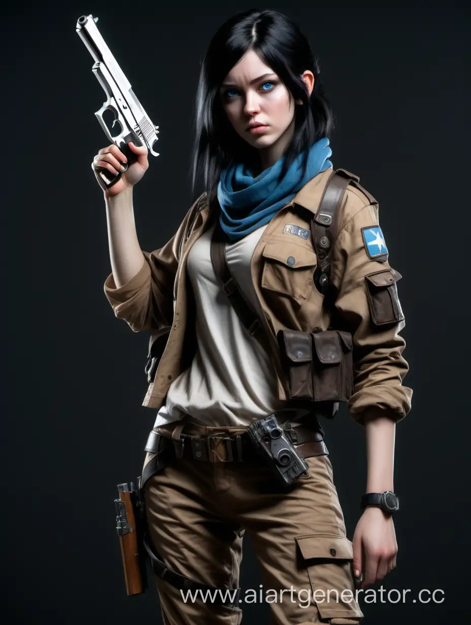 реалистичное изображение девушки ростом 160 см с чёрными волосами до лопаток, голубыми глазами, в одежде цвета хаки и коричневой стиля постапокалипсис, с пистолетом в руке в полный рост