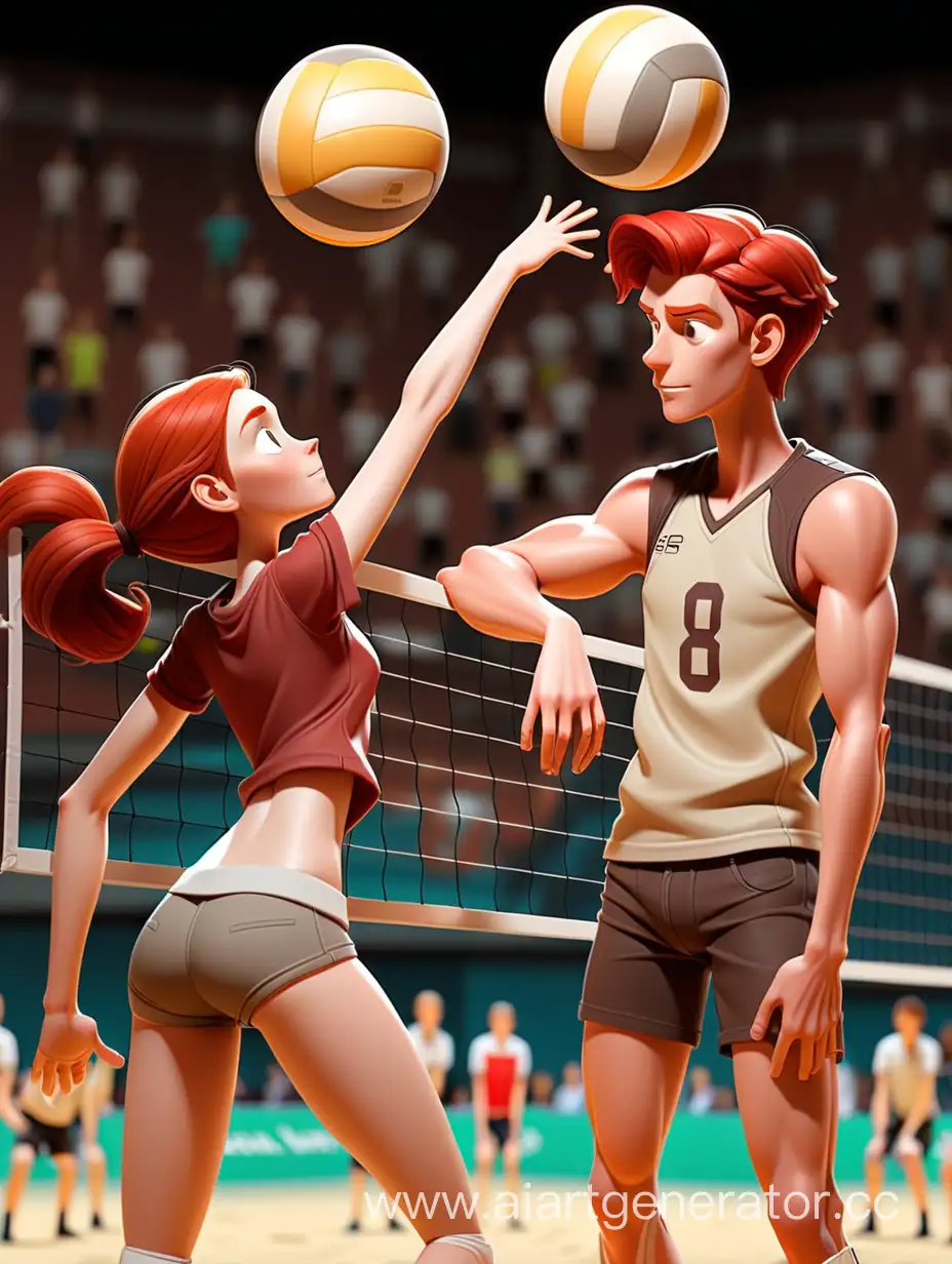 Tall brown-haired boy and red-haired girl are playing volleyball