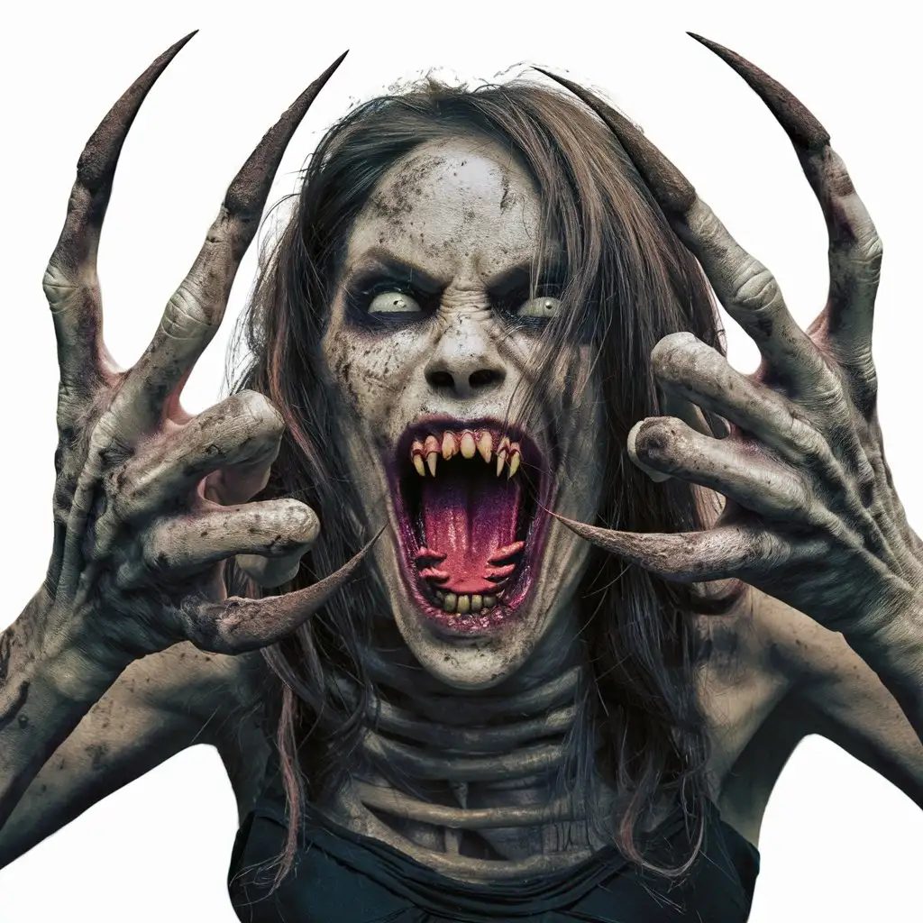
A photorealistic scene about how a wild ugly dead zombie woman with long pointed dirty fingernails, each with five fingers, attacks you, her mouth is threateningly open, and terrible teeth look like fangs, the woman looks like she climbed out of the grave, her nails resemble the claws of a predator, she aggressively pulls hands.