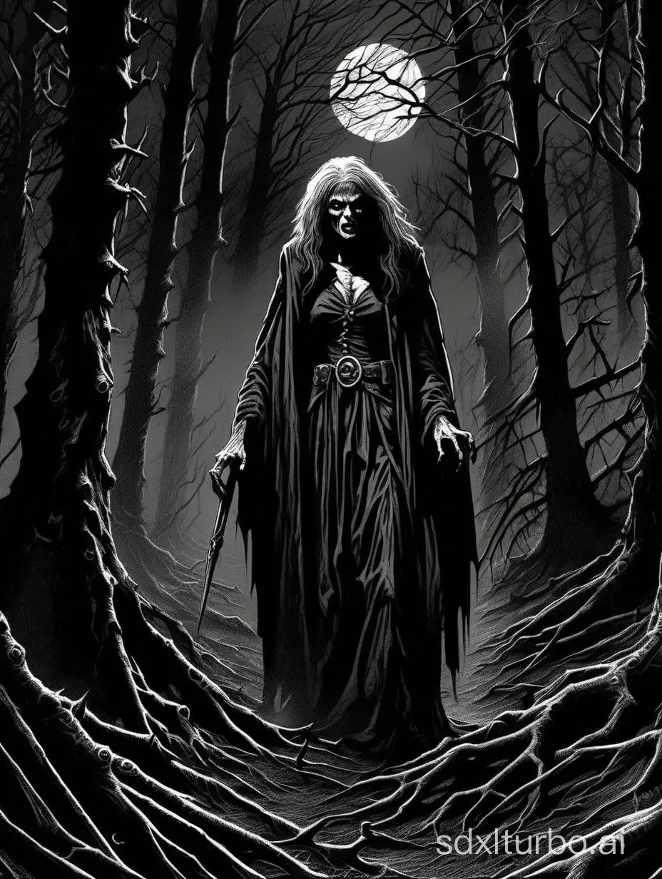 a hag:ghoul in a swap forest, at night, dreadful dark and moody atmosphere, close up, 3bit bw, no gradients, highres, detailed, realistic, style of Ravenloft, style of 1993 Dungeons and Dragons, by Clyde Caldwell,