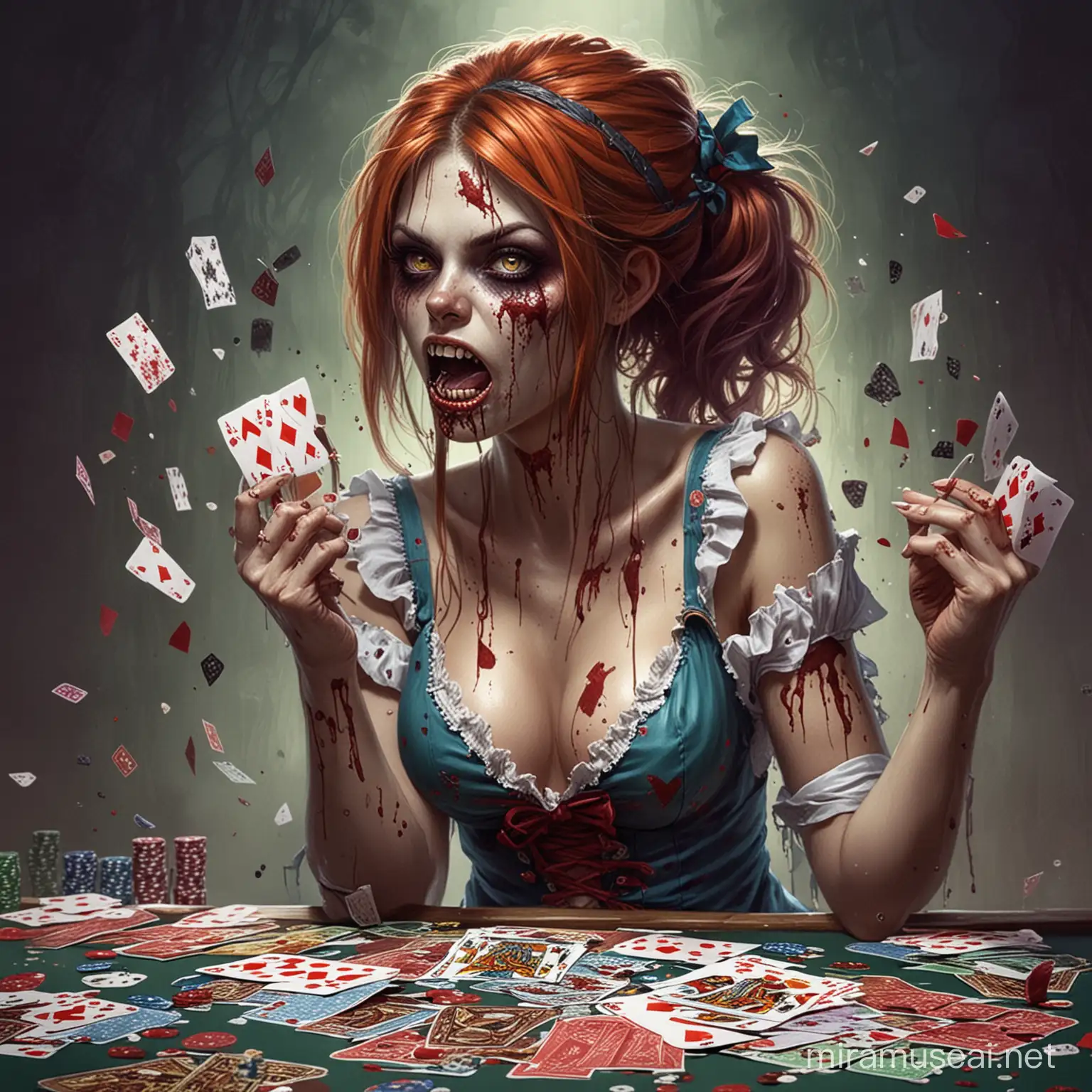 Spitting poker cards, zombie girl, beautiful, cute, colorful