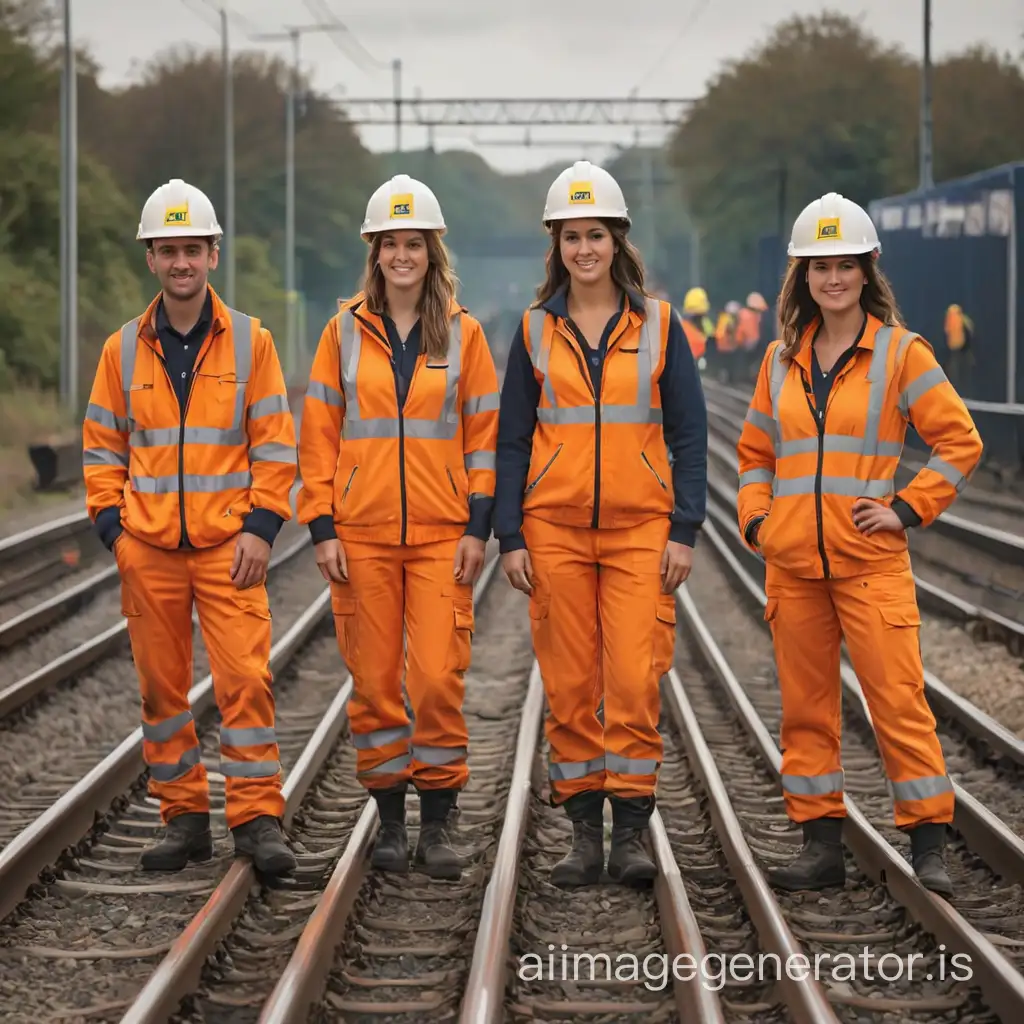 create me 4 people working at network rail on the track where you can see all 4 faces up close. 2 women, 2 men
