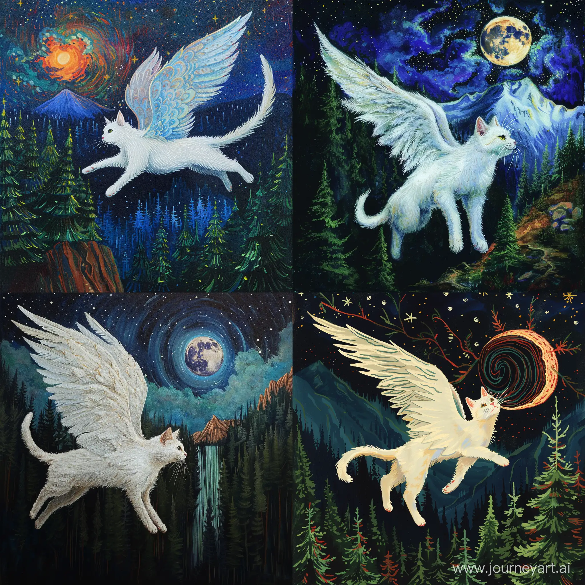 Majestic-Winged-White-Cat-Soaring-Through-Enchanted-Starlit-Forest