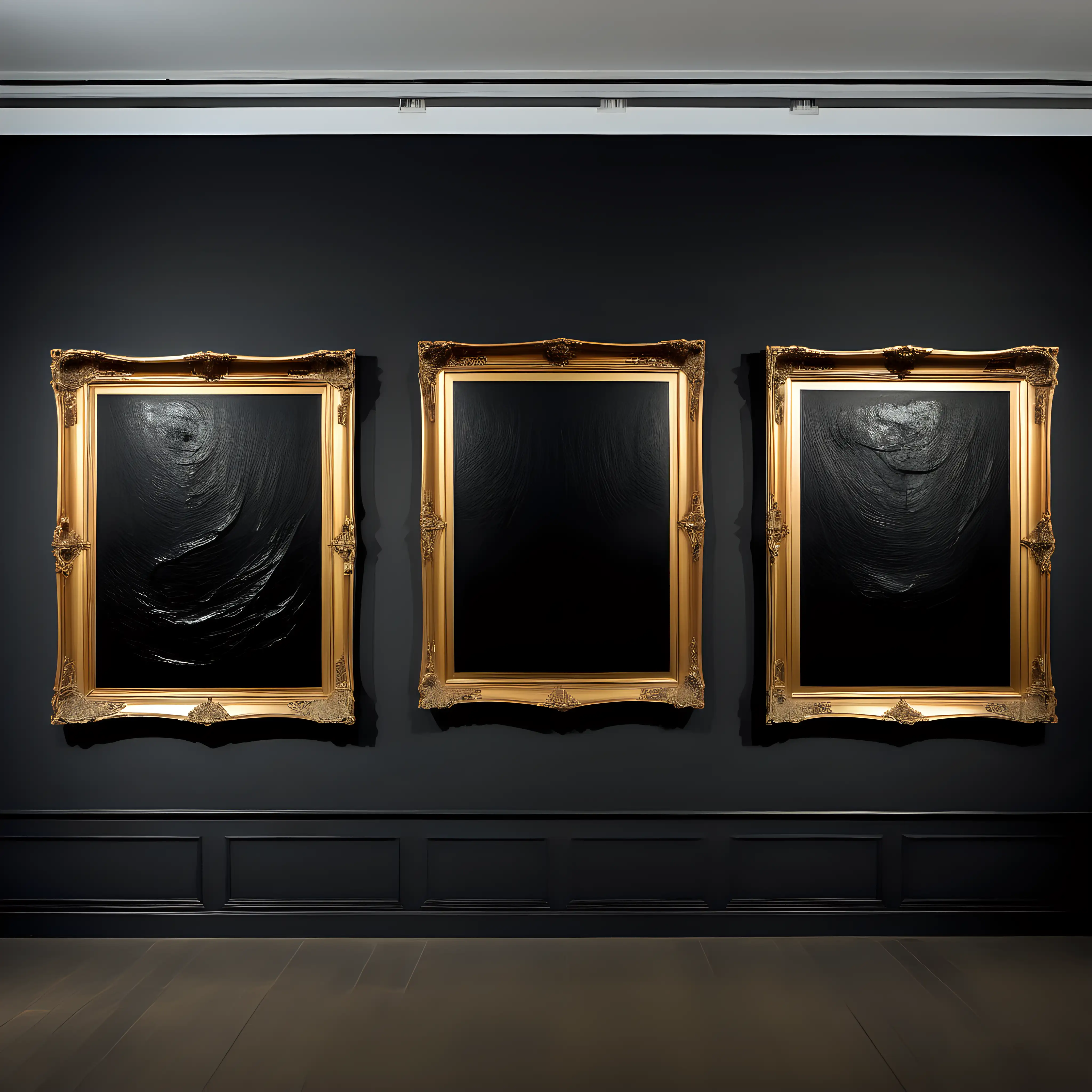 3 giant gold framed black canvases on one large dark museum wall