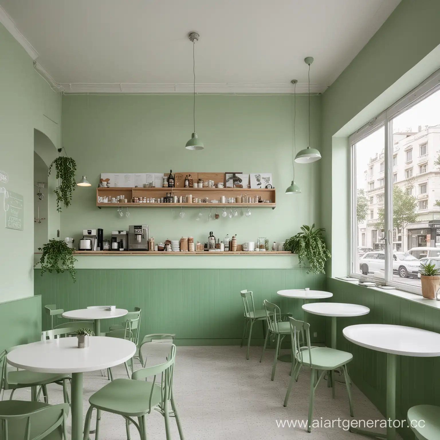 кафе в бело-зелёных тонах, хороший дизайн, промо-фото внутри