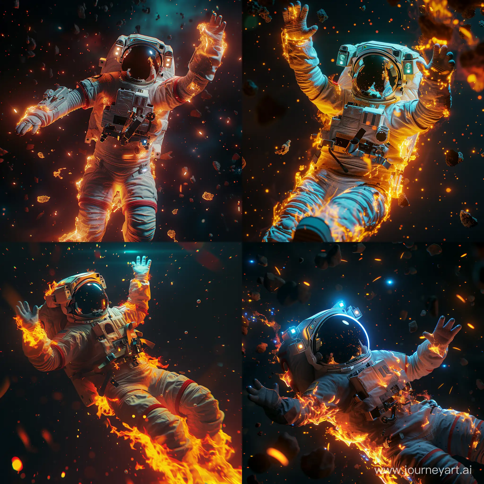astronaut in a modern plastic suit sinking in fire in space ,trying to go up with one hand up , stylish and intense, mystical, long shot, super realistic style, dynamic composition, 100mm, extreme wide shot  photo, color gradient, Greaser, flood lighting, ultra realistic, photorealistic, hyper detailed, volumetric lighting,low opacity light blue light from top , minimalism black background, hdr, octane render, 8k, kaleidoscopic, symetric ,intricate details and textures ,heavily textured ,cinematic view --style raw --v 6