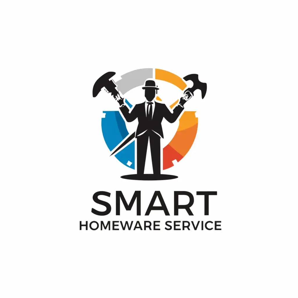 a logo design,with the text "Smart Homeware  Service", main symbol:a logo design, with the text 'Smart Homeware  Service', main symbol:  man in suit, Moderate and hammer in hand,Minimalistic,be used in Internet industry,clear background