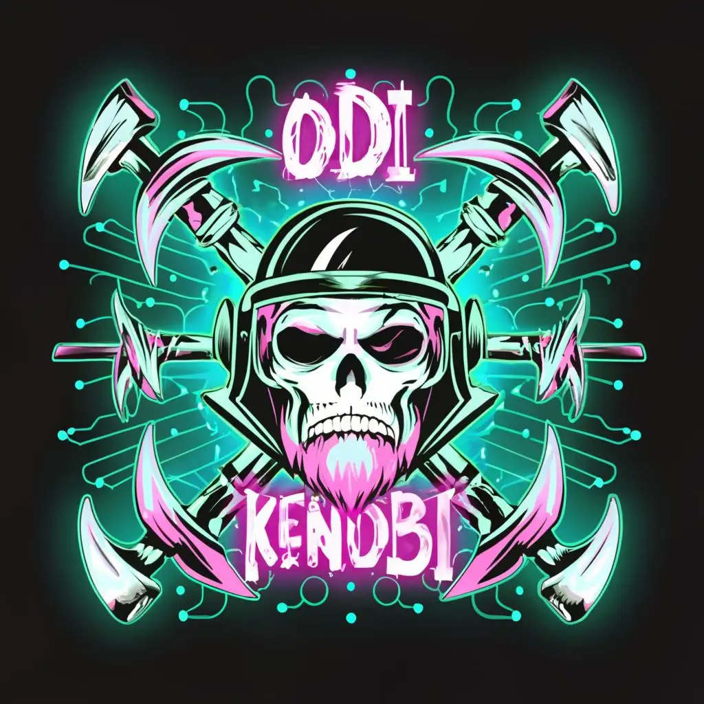 logo, Astronaut Skull with a beard and axes crossed behind the skull, neon colors, with the text "Odi Kenobi", typography