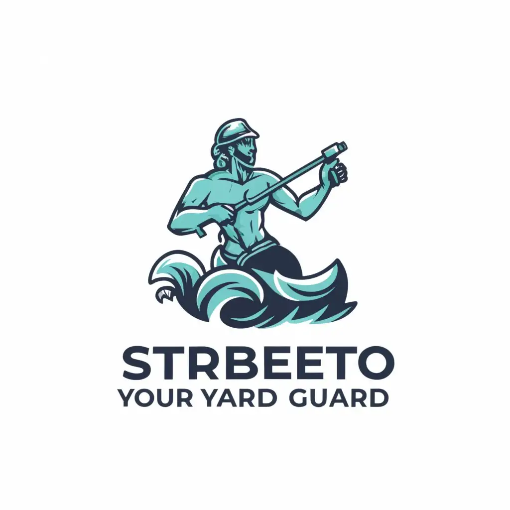 a logo design,with the text "Strobeto
Your Yard Guard", main symbol:4 star crowed greek merman god rides sea wave with highpressure water gun,Minimalistic,clear background