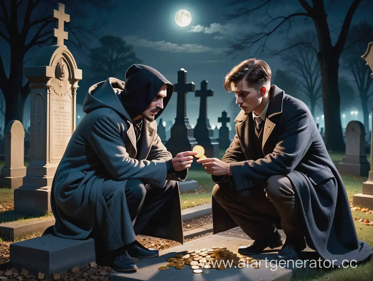 Nighttime-Dispute-Thieves-Arguing-Over-a-Golden-Coin-on-Cemetery-Grave