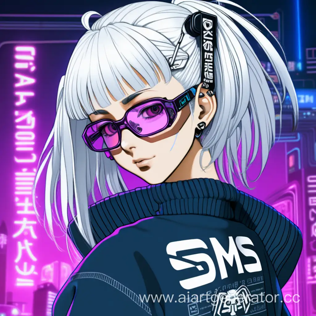 Аниме девочка в стиле киберпанк в широкой кофте с надписью "SMS", у нее белые волосы каре, и на глазах прозрачные очки в стиле киберпанк с заколкой на волосах обезьяны