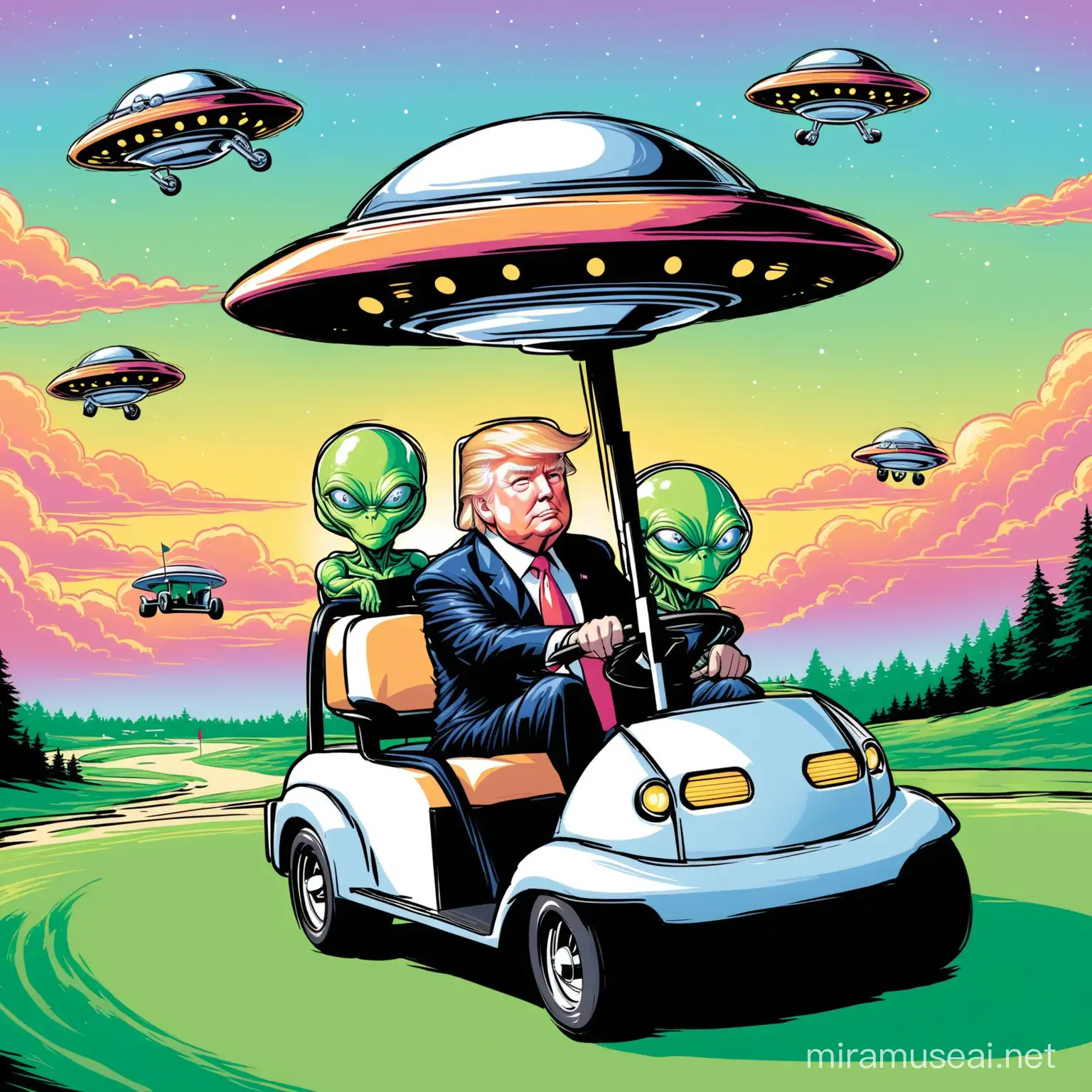 Donald Trump driving a golf cart shaped like a UFO, with aliens as his golfing buddies. 