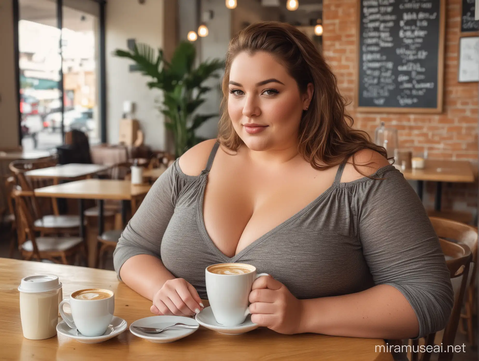 beautiful plus size woman, at a coffee shop, curvy.