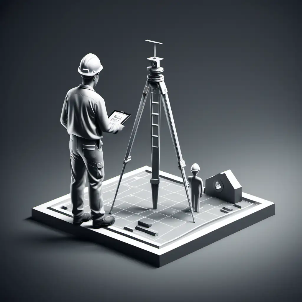 3d image in blackand white of a worker taking a ground level survey and in an icon format