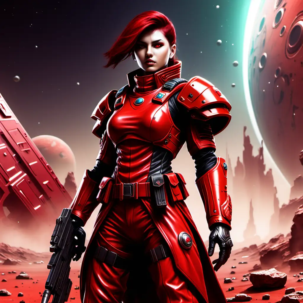 Futuristic Young General in Red Military Attire Prepares for War on the Red Planet