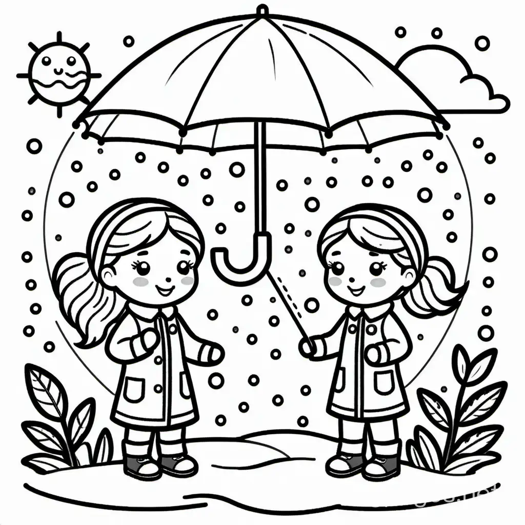 Weather Scientists kids  laboratory rain snow sunny windy, Coloring Page, black and white, line art, white background, Simplicity, Ample White Space. The background of the coloring page is plain white to make it easy for young children to color within the lines. The outlines of all the subjects are easy to distinguish, making it simple for kids to color without too much difficulty