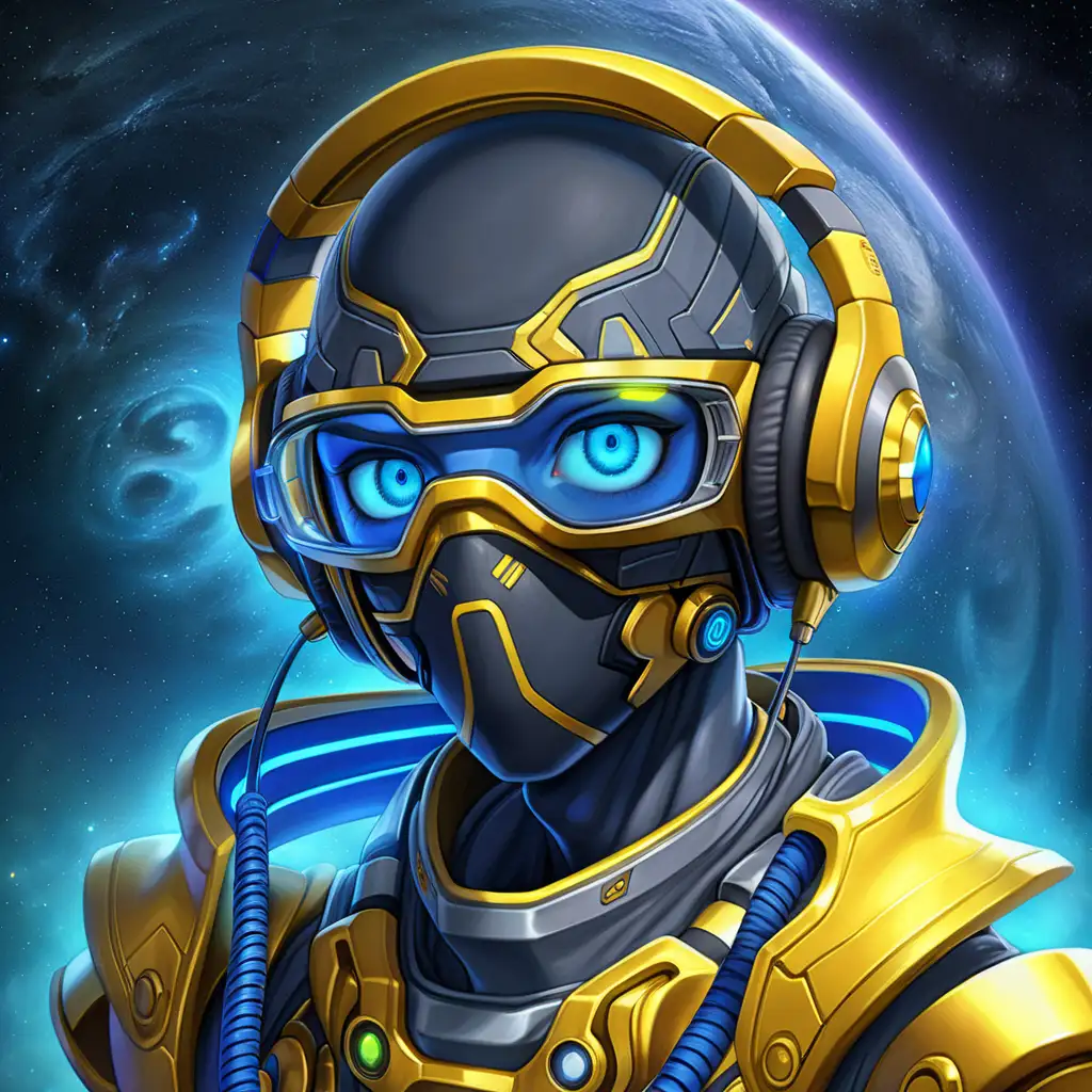 Blue skinned, anime, futuristic, neon eyes, yellow glasses, male, neon blue eyes, headphones, small mouth, small nose, huge eyes, magic, skinny, thin neck, beautiful full armor, epic eyes, ninja, in outer space, space suit, glowing eyes,