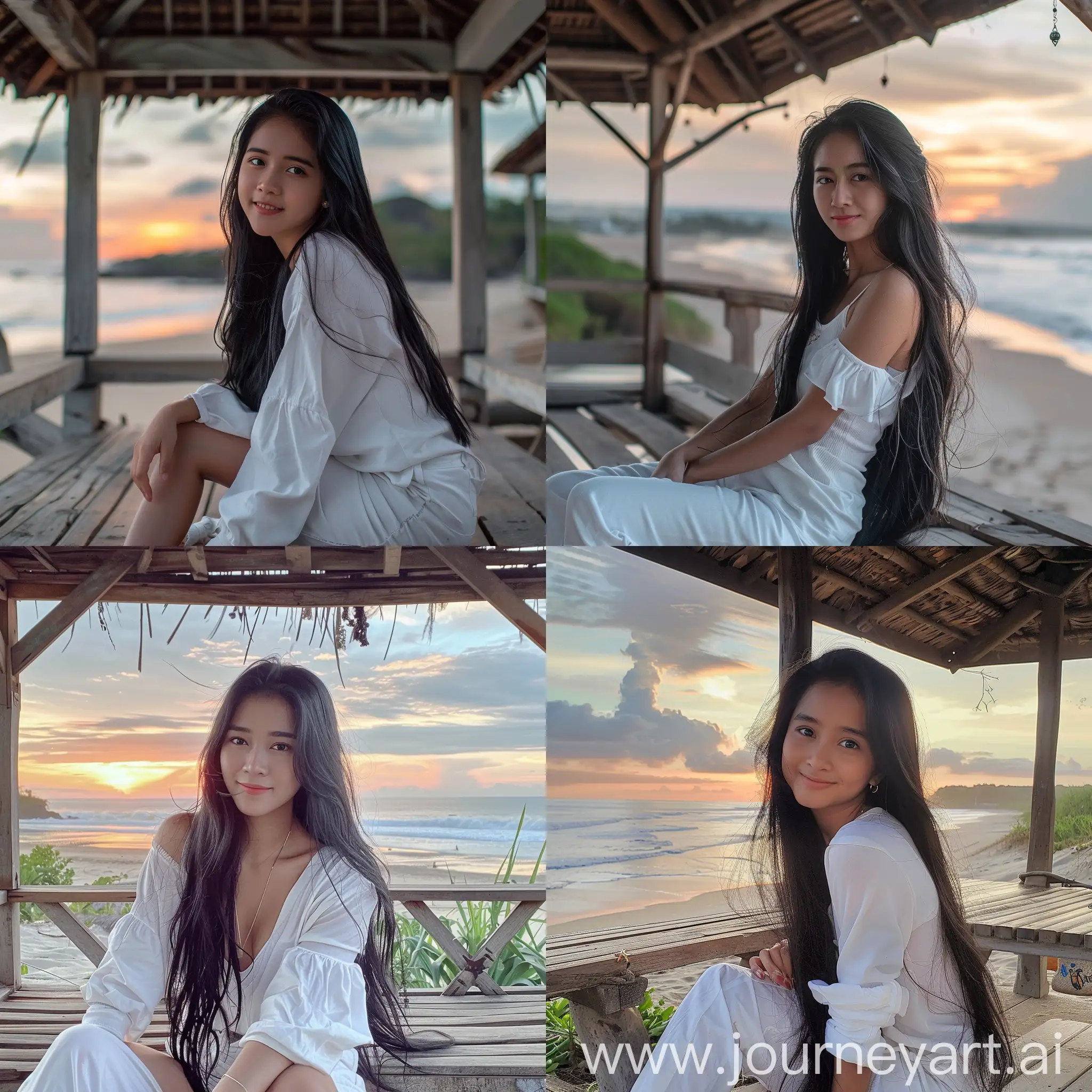 a 23 years old Indonesian girl, long black hair, white casual clothes, on a wooden gazebo, beach panorama, sunset, warm expression