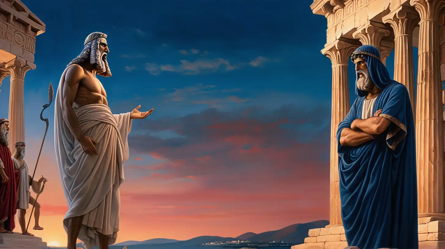 epoque biblique, un homme hébreu à la tête couverte regarde méchamment un autre hébreu, en fond un temple idolâtre grecque avec des statues, la campagne, crepuscule, ciel rouge et bleu marine