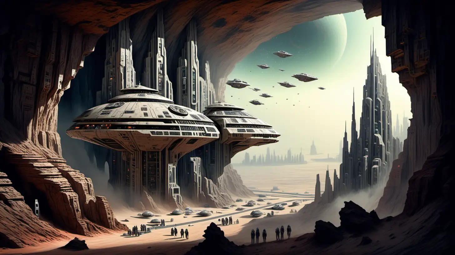 small futuristic city built into the side of a cliff, dusty. In a Star wars design