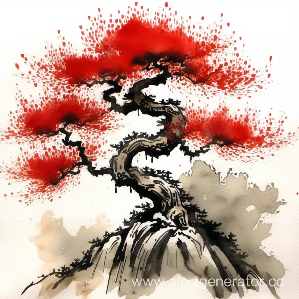  китайское дерево с красной кроной в китайской графике акварель и тушь