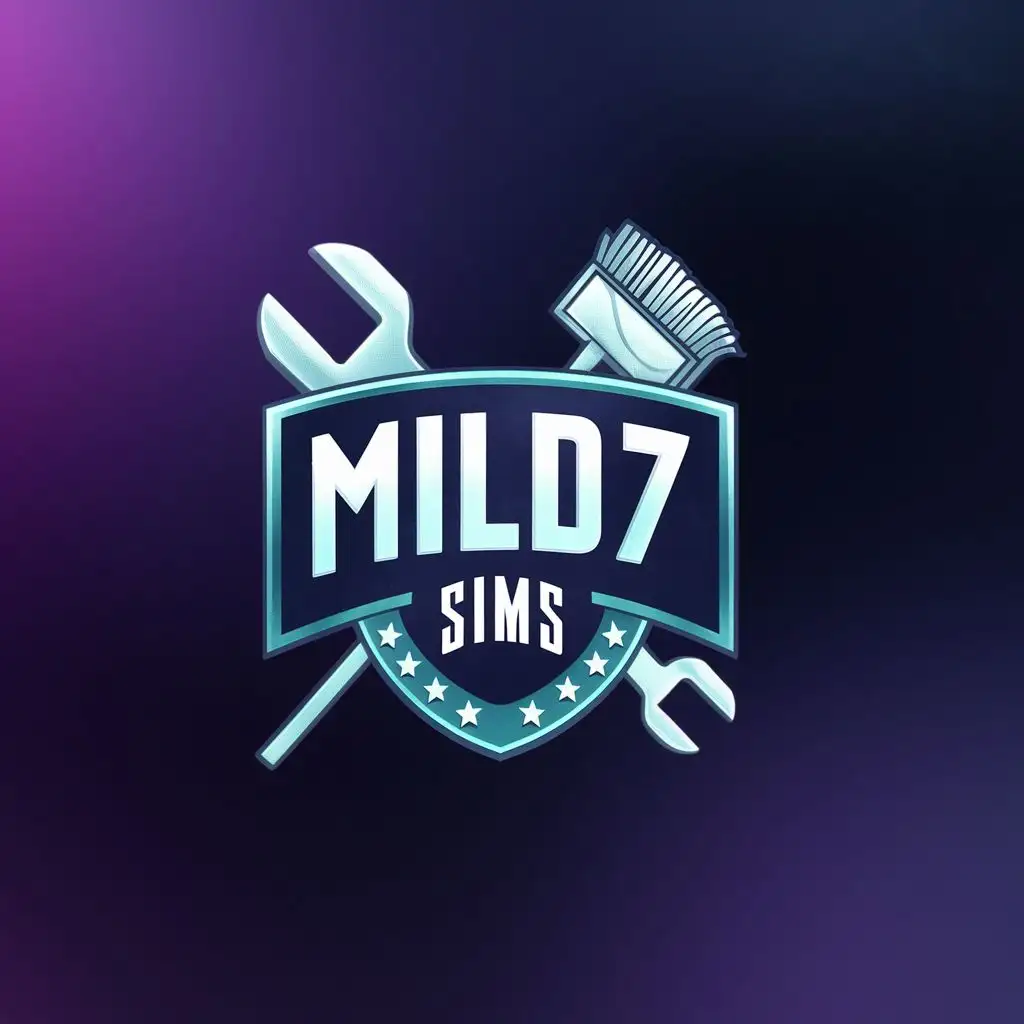 logo, crest with wrench and mop, with the text "Mild7 Sims", typography, be used in Entertainment industry