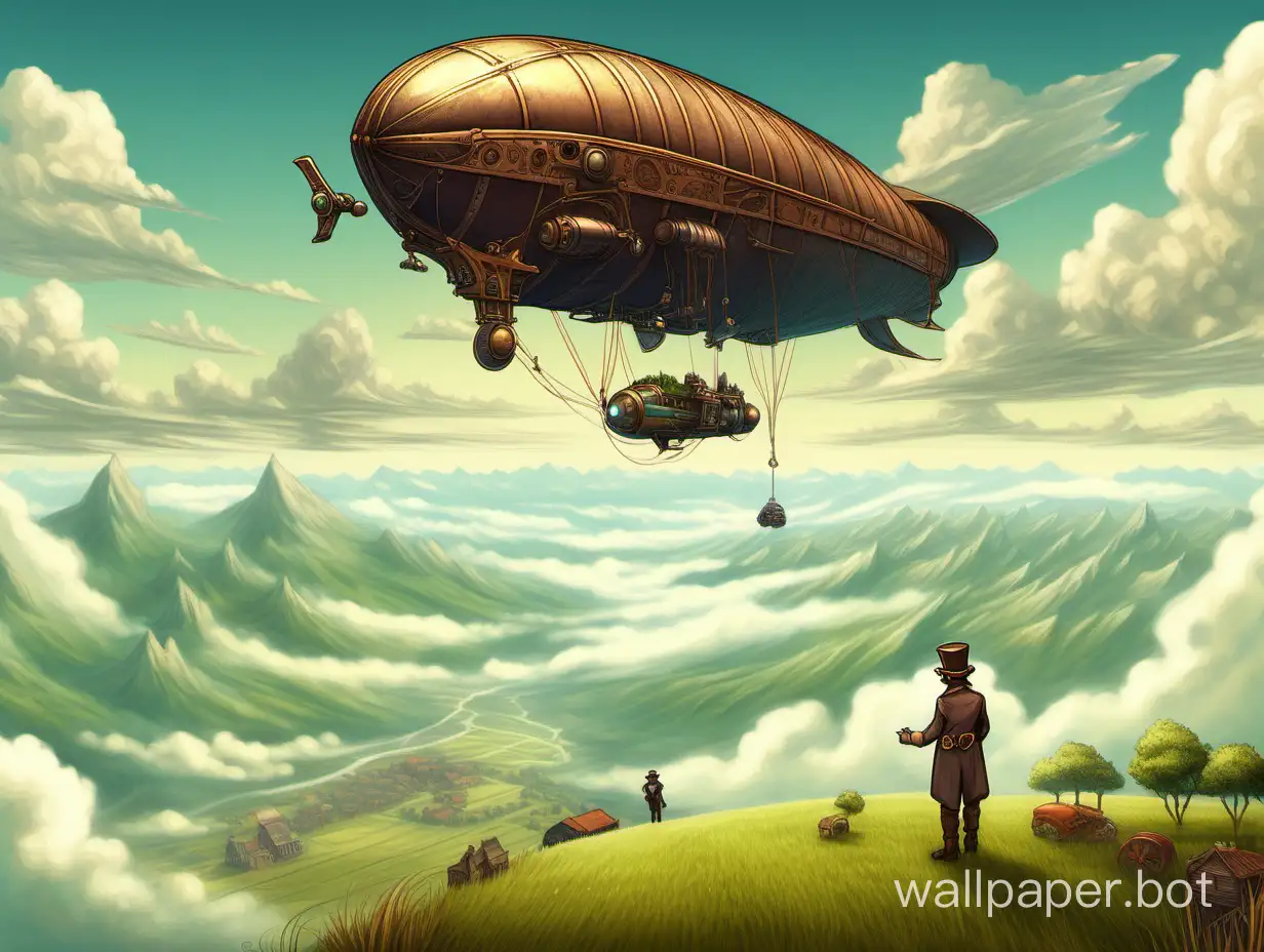 Grassy plateau above clouds in foreground, large mountains in background, tiny farmers in fields, tinysteampunk blimp flying through the clouds