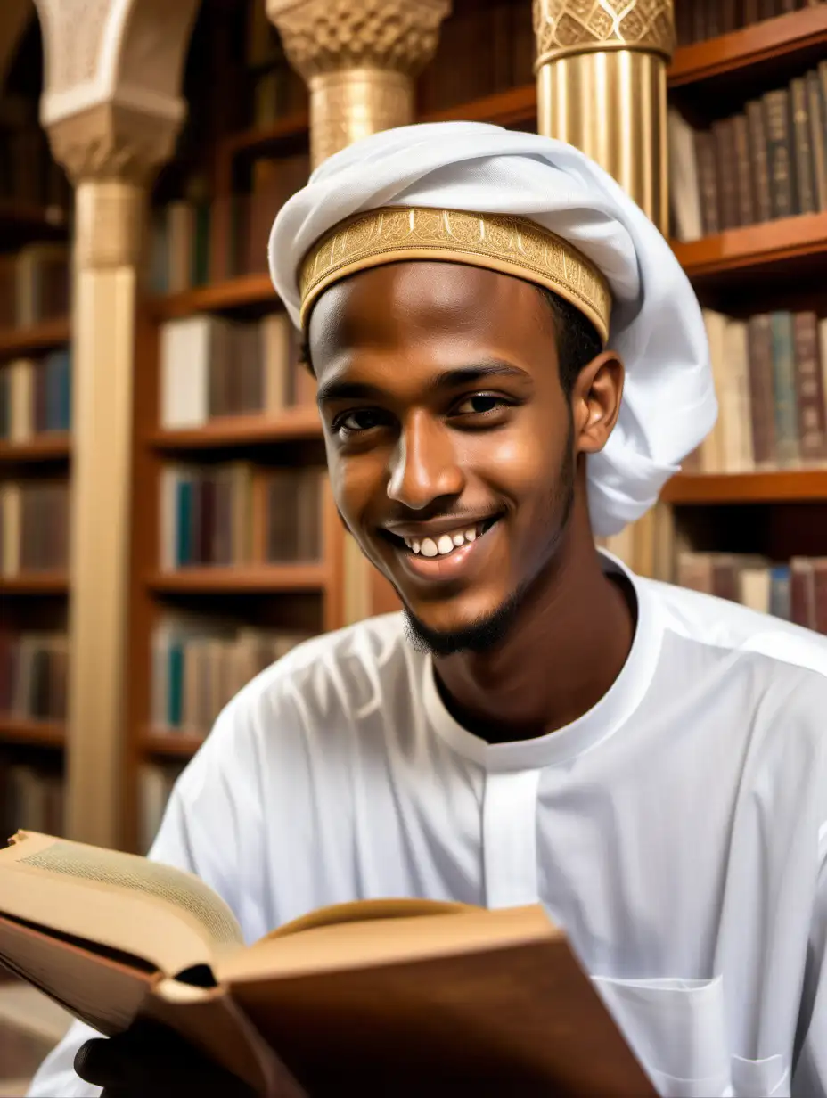 golden age of baghdad, close up on young, handsome somali man studying in a library of islamic architecture, smiling