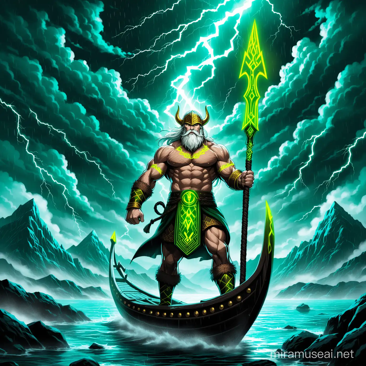 Muscular Norse Warrior with Golden Eye and Spear in Stormy Noir Setting