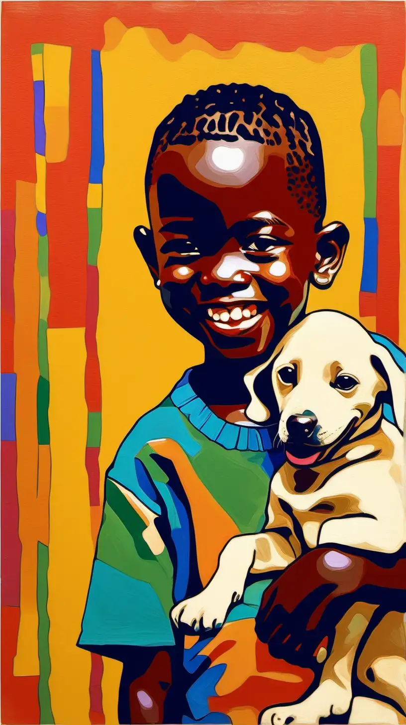 Joyful Young African Boy Holding a Puppy in Vibrant Fauvism Style